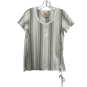 Chaser Small Linen Blend Gray White Stripe Short Sleeve Shirt NWT P1